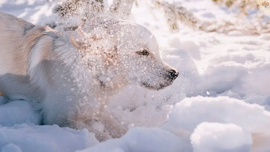Weisser Hund im Schnee wird zugeschneit