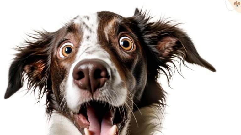 Hund schaut erstaunt und lustig mit grossen Augen