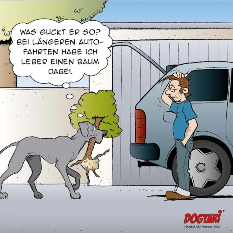 Hund hält einen Ast im Maul und spricht zu einem Mann neben einem Auto: «Was glückt er so? Bei längeren Autofahrten habe ich lieber einen Baum dabei.»