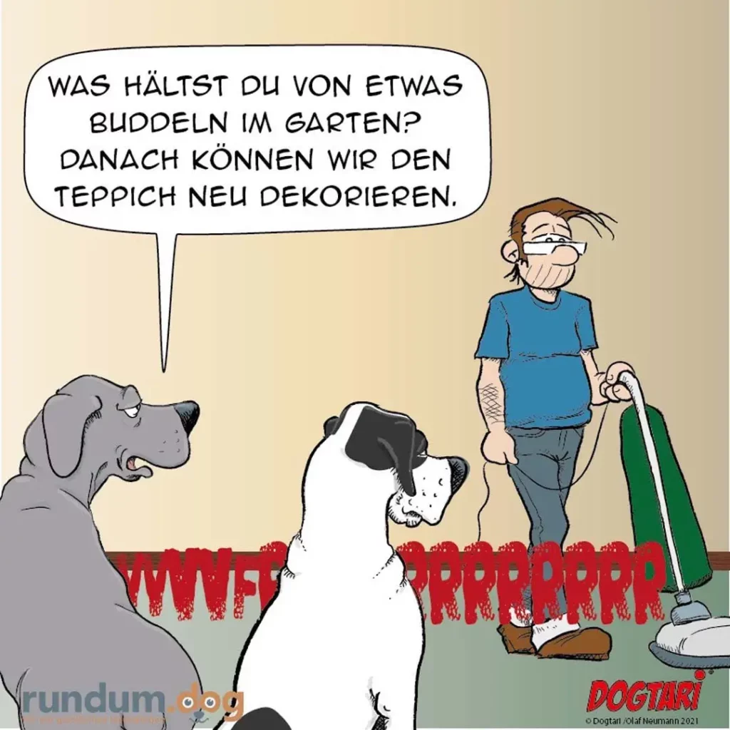 Mann mit Schaufel im Garten spricht zu zwei Hunden, die Hundekot mit rotem Text visualisiert haben