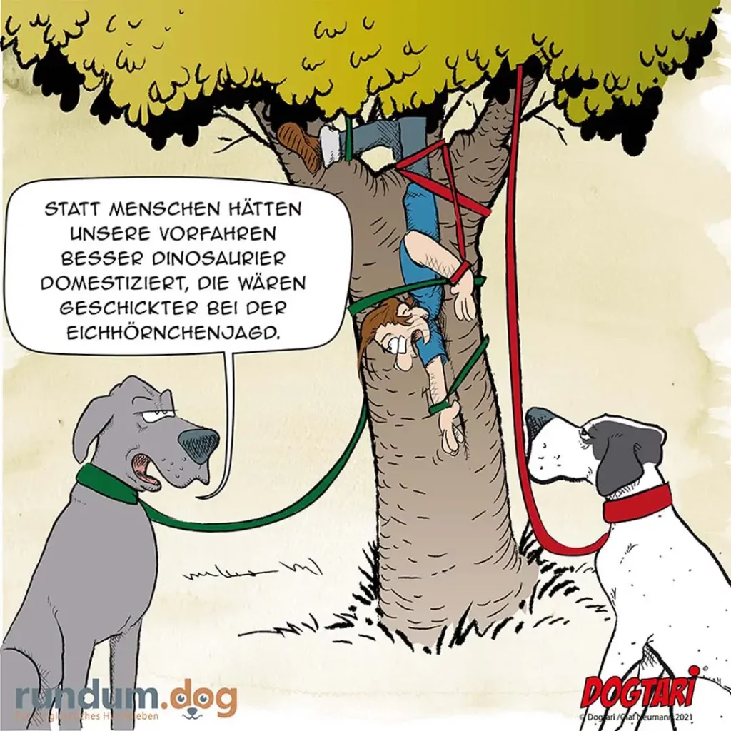 Zwei Hunde an Leinen unter einem Baum, oben hängt ein Affe und spricht zu einem Hund