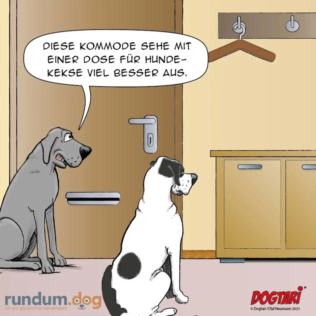 Grauer Hund sitzt und spricht zu weiss-schwarzem Hund vor Tür: Diese Kommode sehe mit einer Dose für Hundekekse viel besser aus.