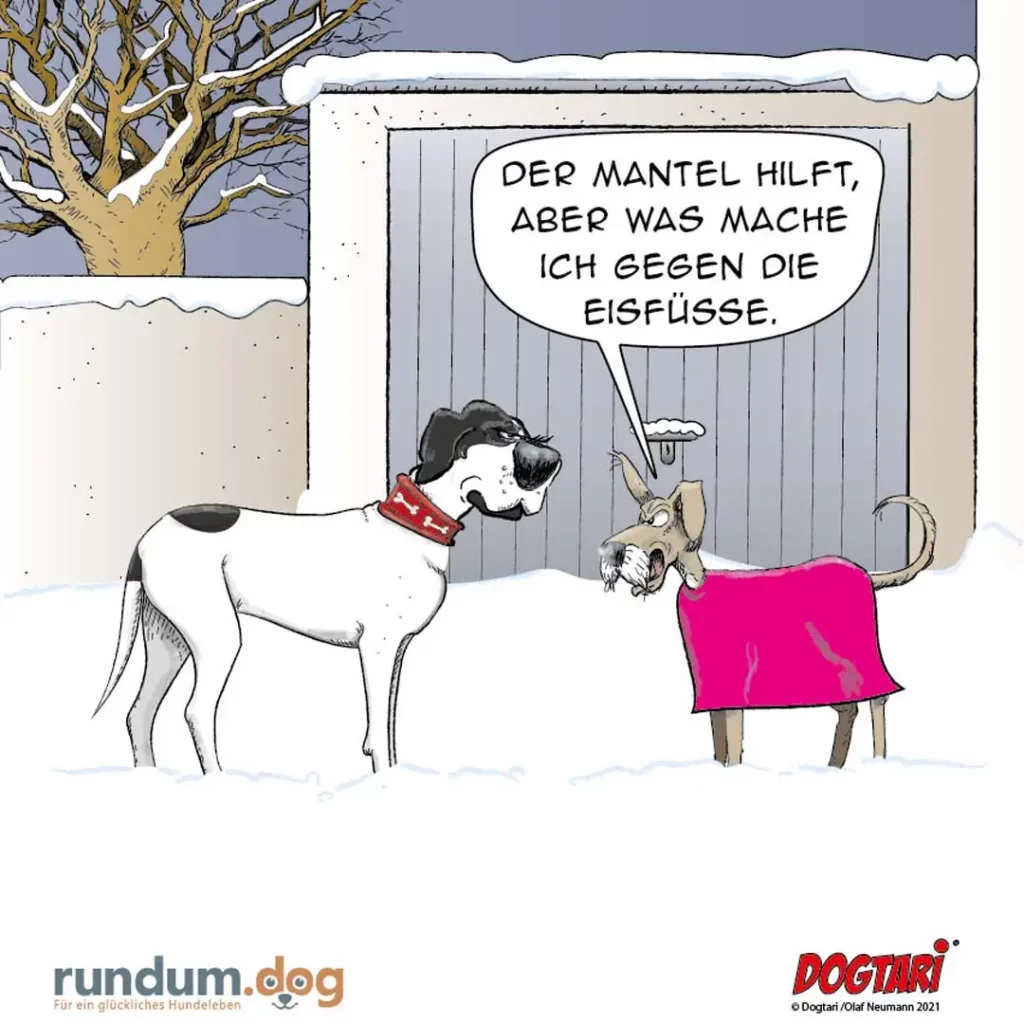 Hund im roten Halsband zu Maus in pinkem Mantel: 'Der Mantel hilft, aber was mache ich gegen die Eisfüsse.'