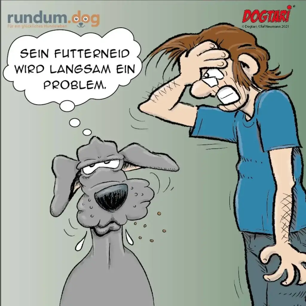 Hund mit hängenden Ohren spuckt Futter aus, Halter hält sich den Kopf und sagt 'Sein Futterneid wird langsam ein Problem'
