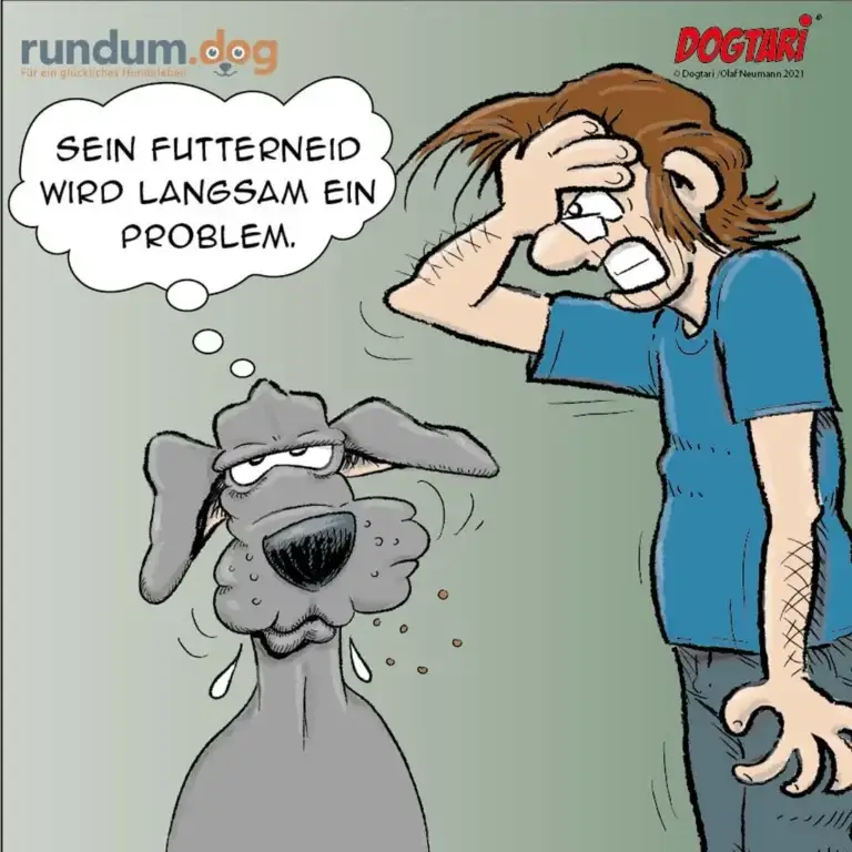 Hund mit hängenden Ohren spuckt Futter aus, Halter hält sich den Kopf und sagt 'Sein Futterneid wird langsam ein Problem'