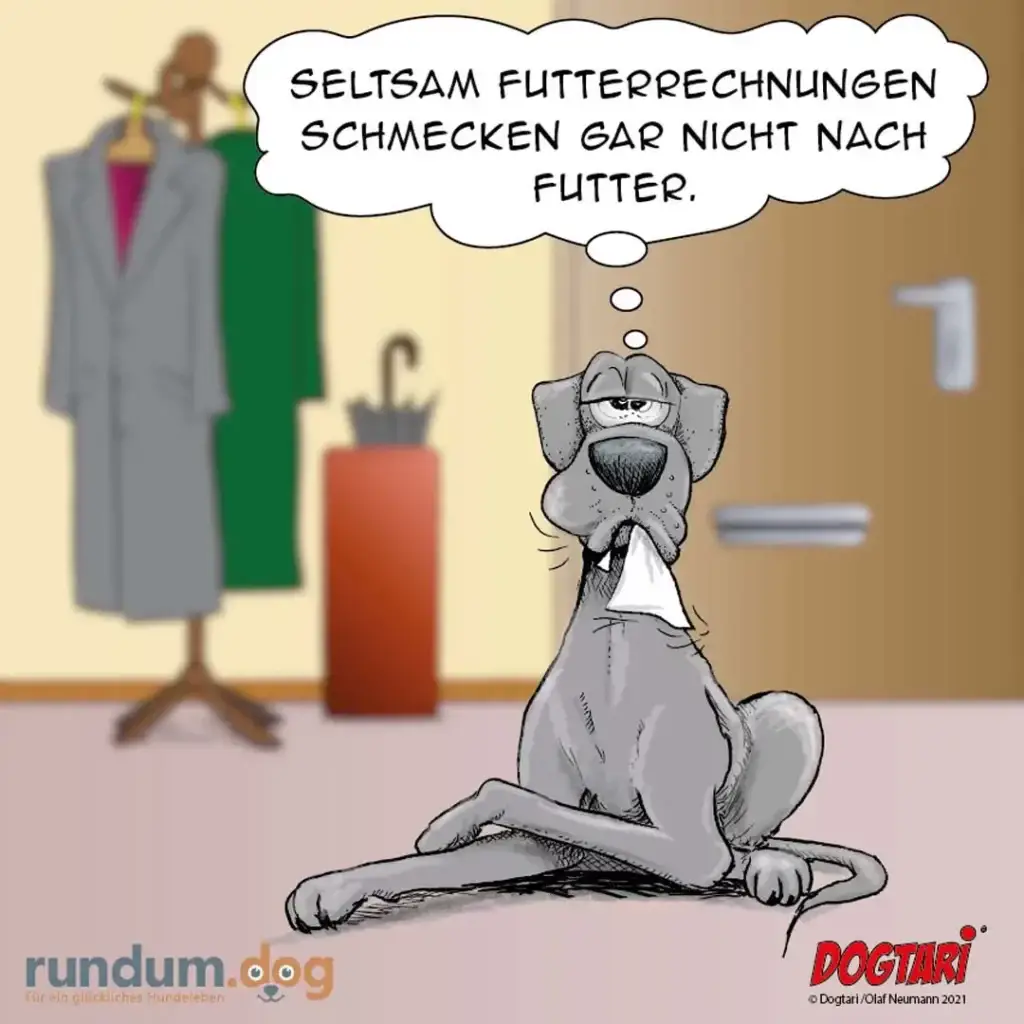 Hund sitzt nachdenklich in Schneidersitz, hält sich die Pfote vors Gesicht, im Hintergrund stehen zwei Personen bei Kleiderpuppen