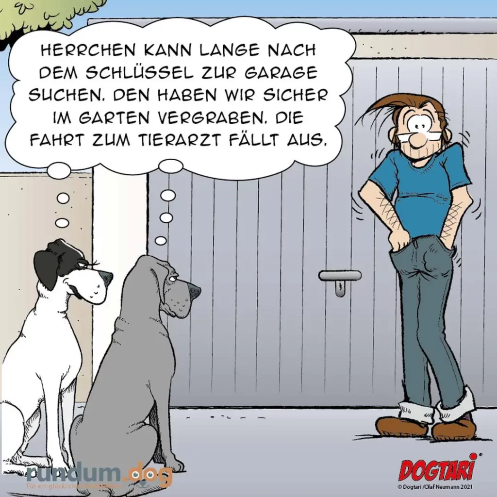 Frau steht vor Garagentor und spricht zu zwei Hunden. Text: Herrchen kann Leine nach dem Schlüssel zur Garage suchen. Den haben wir sicher im Garten vergraben.