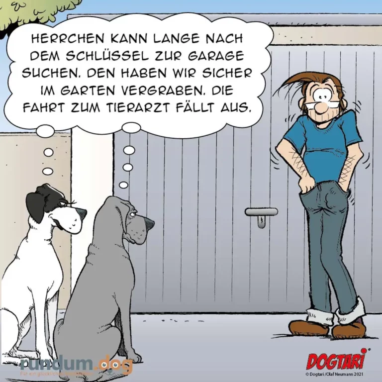 Frau steht vor Garagentor und spricht zu zwei Hunden. Text: Herrchen kann Leine nach dem Schlüssel zur Garage suchen. Den haben wir sicher im Garten vergraben.