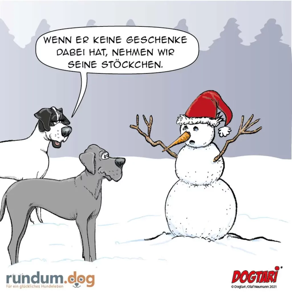 Zwei Hunde im Schnee sprechen mit einem Schneemann: einer sagt, wenn er keine Geschenke hat, nehmen sie seine Stöckchen