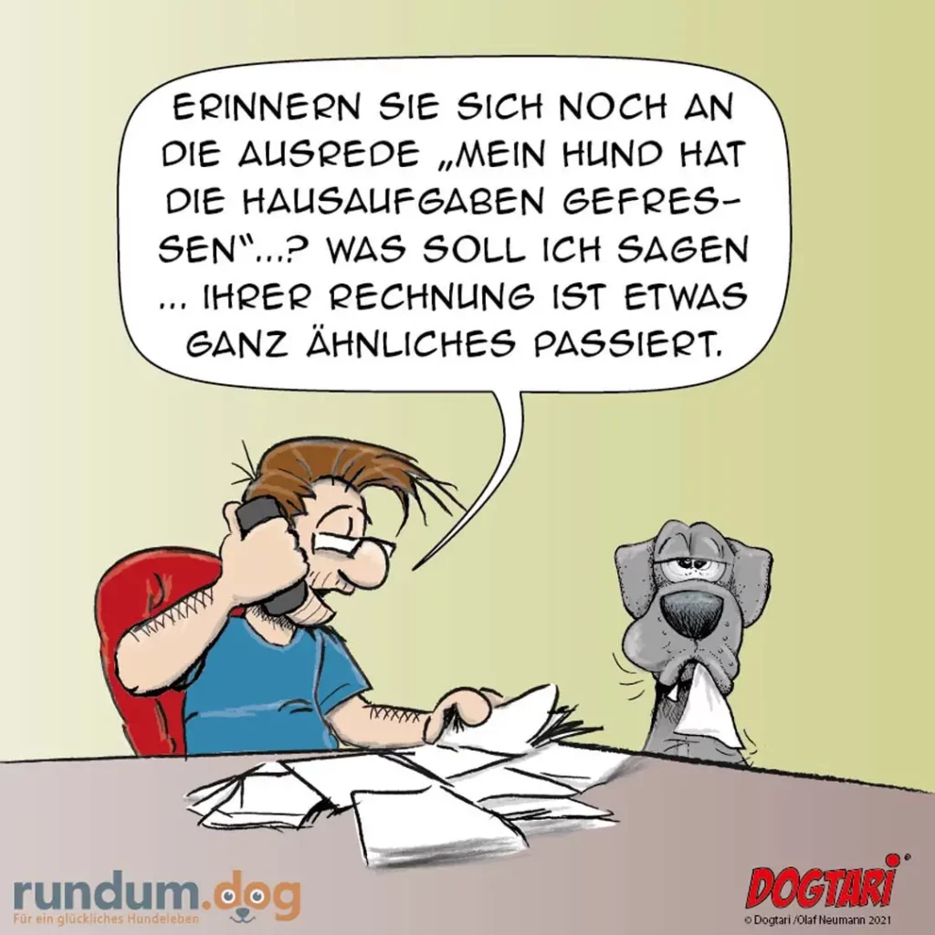 Mann am Telefon mit Brille sitzt vor Papieren, Hund schaut niedergeschlagen zu, Text über Hausaufgaben-Ausrede