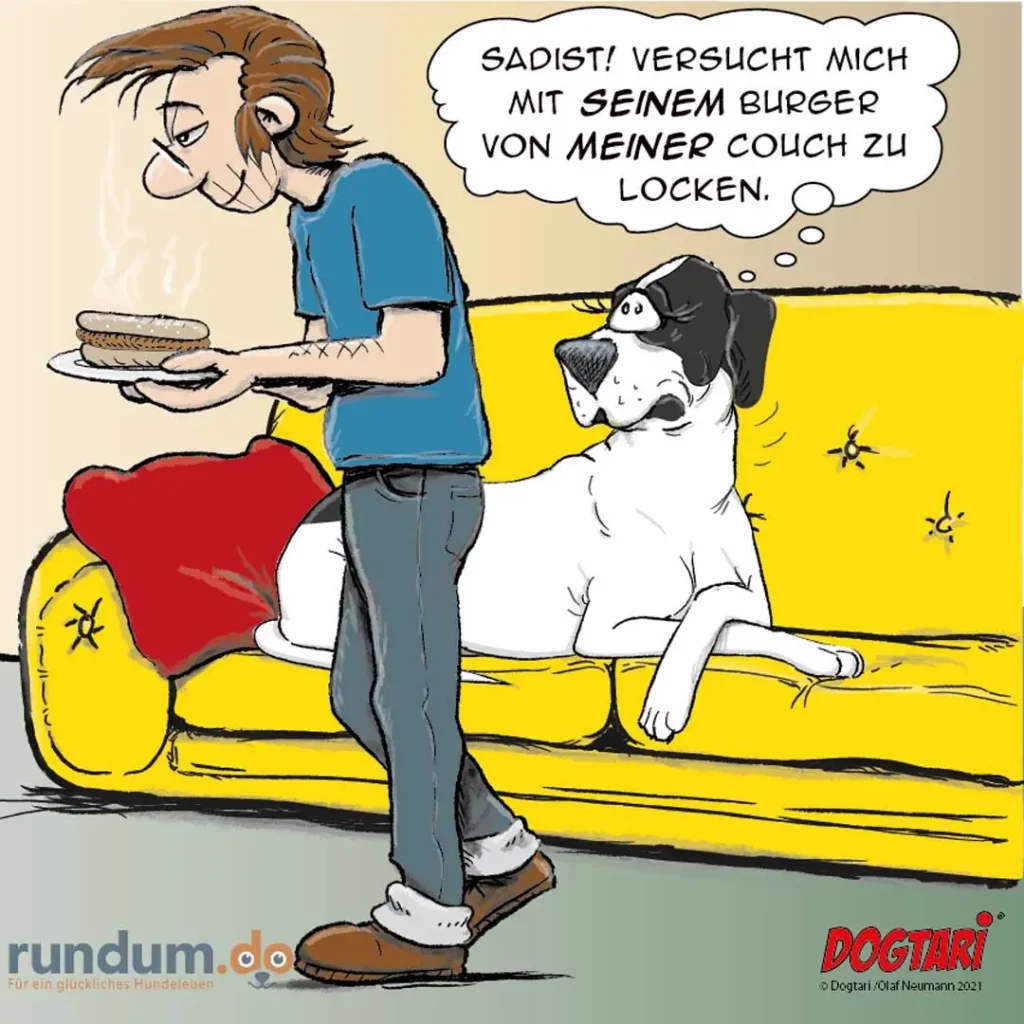 Halter sitzt auf gelber Couch mit Burger in der Hand, Hund sitzt neben ihm und sagt: Sadist! Versucht mich mit seinem Burger von meiner Couch zu locken.