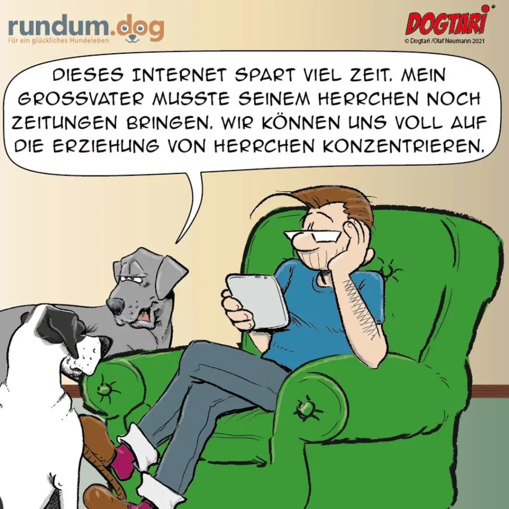 Grossvater sitzt auf grünem Sessel mit Tablet, Hund sitzt neben ihm und schaut erwartungsvoll auf den Bildschirm
