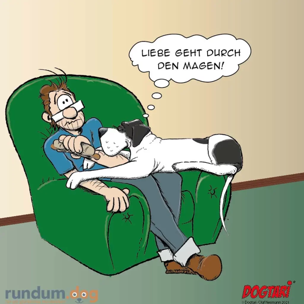Mann sitzt im grünen Sessel mit kleinem Hund auf dem Bauch, sagt «Liebe geht durch den Magen»