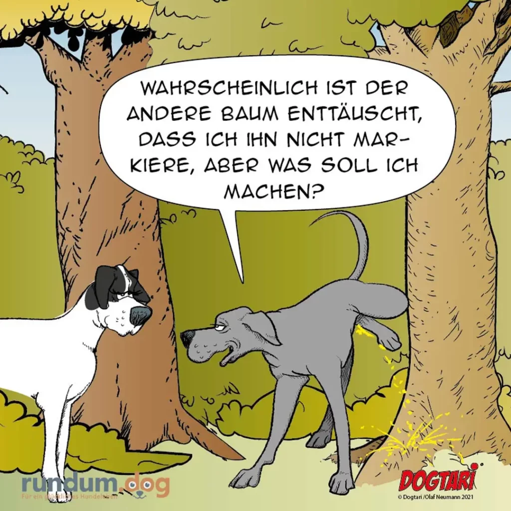 Zwei Hunde unter Bäumen: schwarz-weisser Hund am Baumstamm, grauer Hund daneben mit Urinstrahl; Sprechblase des grauen Hundes