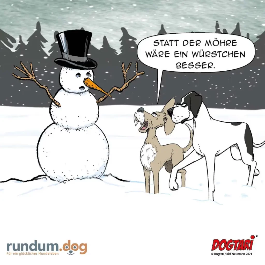 Schneemann mit Zylinder und Karottennase sagt zu zwei Hunden im Schnee: «Statt der Möhre wäre ein Würstchen besser.»