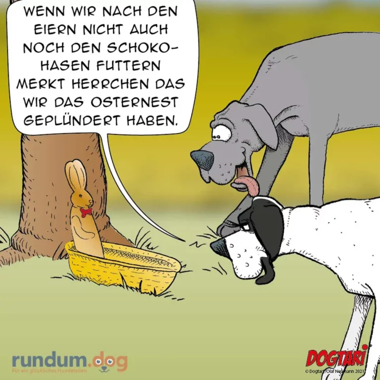 Grauer Hund leckt sich die Schnauze, weisser Hund sitzt daneben. Ein Hase sitzt im Gras neben einem Baum mit Korb voller Eier und spricht zu den Hunden.