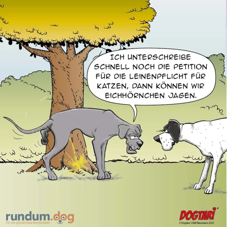 Zwei Hunde unter einem Baum: grauer Hund pinkelt an Baumstamm, weisser Hund schaut zu. Sprechblase des grauen Hundes mit deutschem Text über Petition für Katzenpflicht.