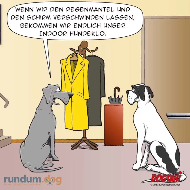 Zwei Hunde sitzen vor einem Kleiderständer mit Jacken und Schirm. Ein Hund spricht zu dem anderen.