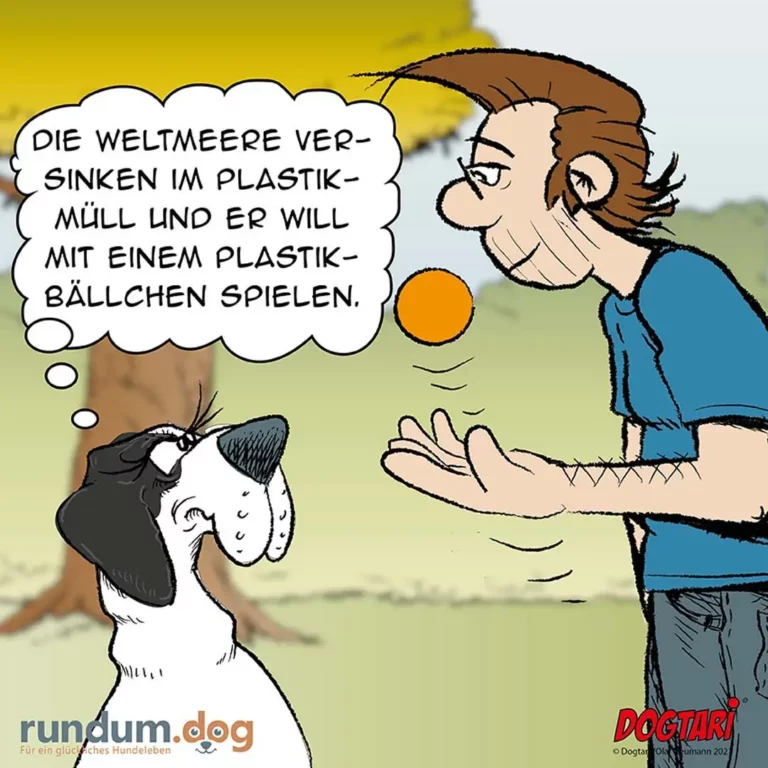 Schwarzweisser Hund schaut nach oben zu einem Mann, der einen orangenen Plastikball hält und von Weltmeeren und Plastikmuell spricht