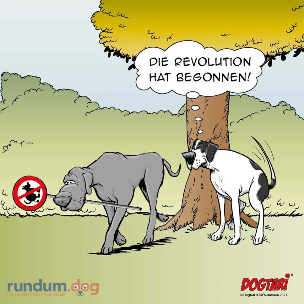 Grauer Hund markiert Baum mit Verbotsschild, weisser Hund am selben Baum sagt «Die Revolution hat begonnen!»