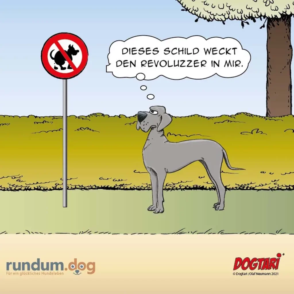Hund steht vor einem Verbotsschild mit Hundekot-Symbol und denkt: Dieses Schild weckt den Revoluzzer in mir.