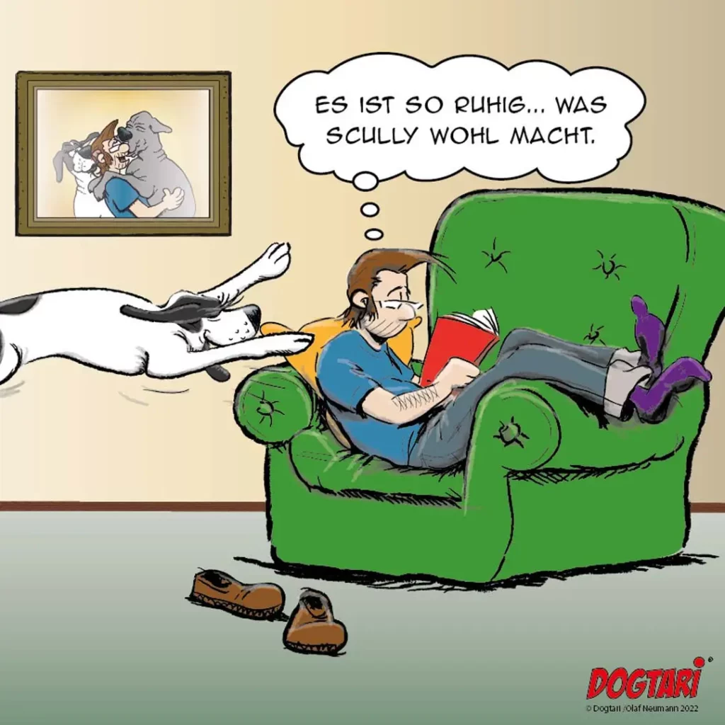 Mann sitzt gemütlich im grünen Sessel mit Buch, Hund springt auf ihn zu und leckt sein Gesicht, Foto an der Wand zeigt den Hund als treuen Begleiter