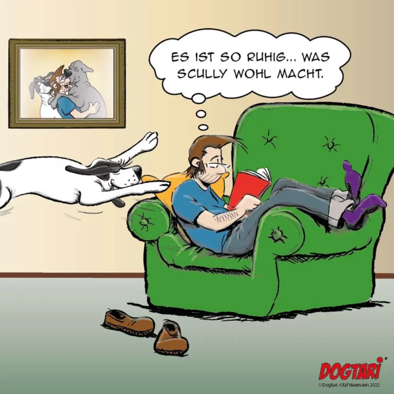 Mann sitzt gemütlich im grünen Sessel mit Buch, Hund springt auf ihn zu und leckt sein Gesicht, Foto an der Wand zeigt den Hund als treuen Begleiter