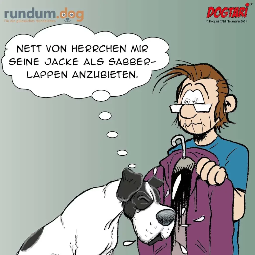 Halter mit Brille und Hund diskutieren: Halter denkt, der Hund solle die Jacke als Sabberlätzchen nutzen