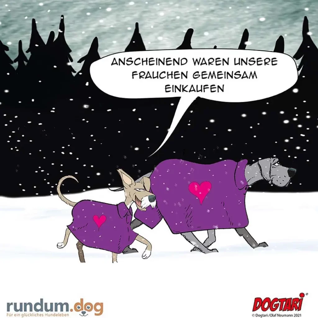 Zwei Hunde in lila Mänteln mit Herzaufdruck in Schneelandschaft, einer spricht zu Wölfen im Hintergrund