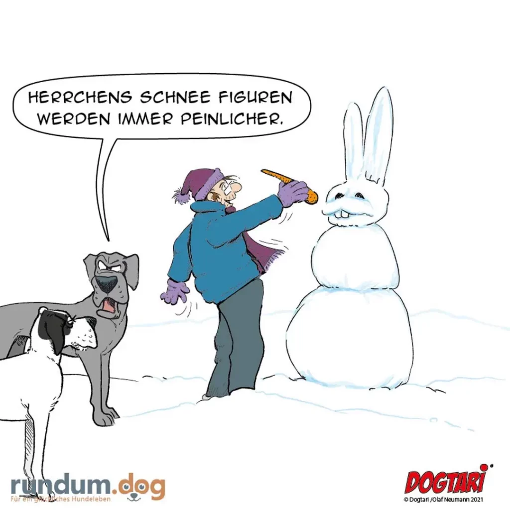 Hund schaut wütend zu, während ein Mann einen Schneehasen mit Karotte modelliert und sagt: 'Herrchens Schneefiguren werden immer peinlicher'
