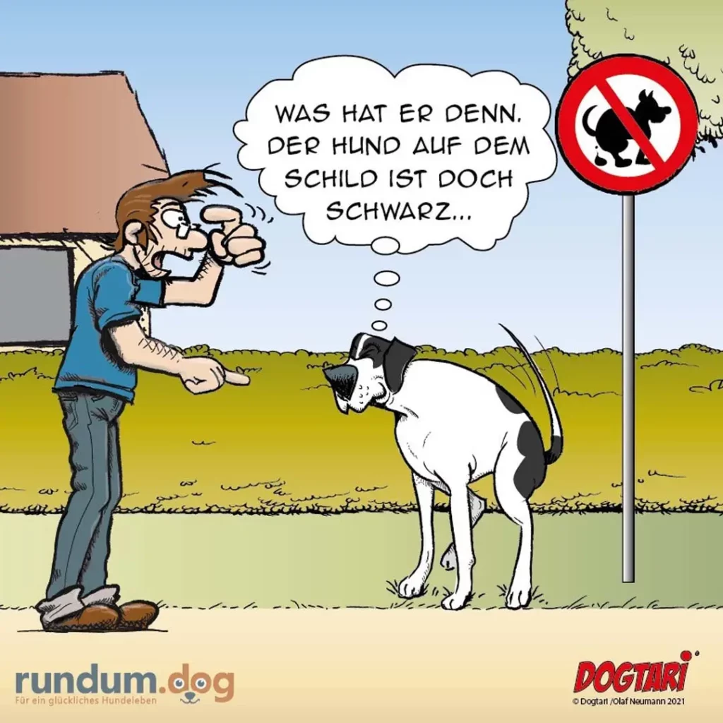 Mann zeigt verwirrt auf Hundeverbotsschild, schwarzweisser Hund schaut auf das Schild und denkt nachdenklich
