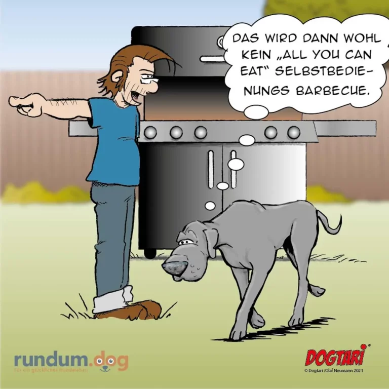 Mann steht vor Grill und sagt zum Hund: Das wird dann wohl kein All you can eat Selbstbedienungs-Barbecue