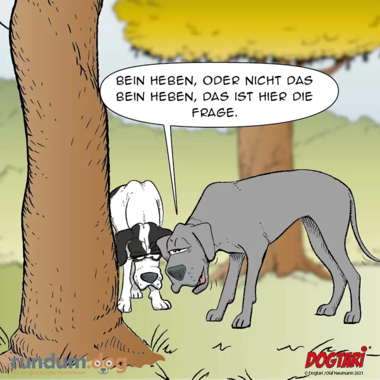 Kleiner weiss-schwarzer Hund sitzt neben grossem grauem Hund unter einem Baum. Der grosse Hund sagt: "Bein heben, oder nicht das Bein heben, das ist hier die Frage."
