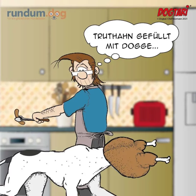 Mann in Küche hält Truthahn in den Händen, Hund schaut erwartungsvoll zu, Gedankenblase: 'Truthahn gefüllt mit Dogge...'