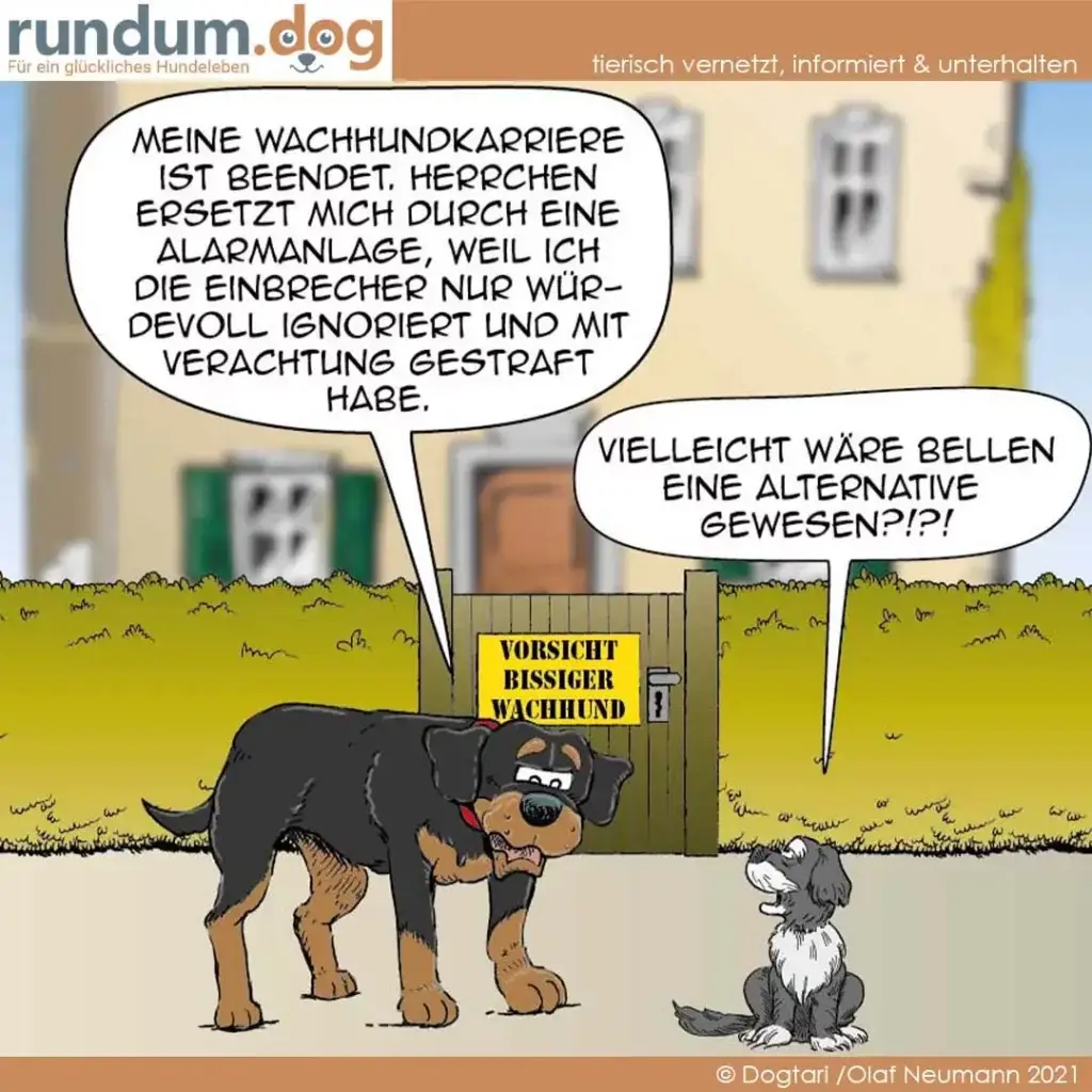 Grosser schwarzbrauner Wachhund mit Maske erklärt einem kleinen weissen Hund vor einem Tor mit Schild 'Vorsicht bissiger Wachhund' seine Situation