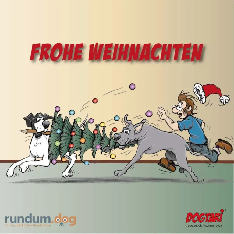 Zwei Hunde ziehen gemeinsam an einem geschmückten Weihnachtsbaum, während ein Mann in Weihnachtsmütze verzweifelt versucht, den Baum zu halten