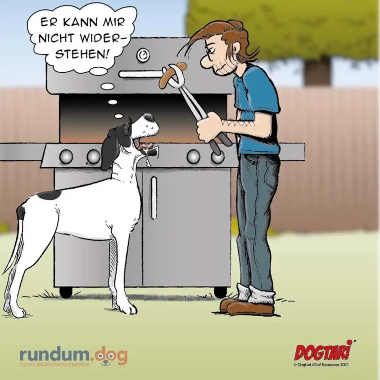 Hund steht an Grill neben Halter, der mit Zange Wurst greifen will. Hund sagt: 'Er kann mir nicht widerstehen!'