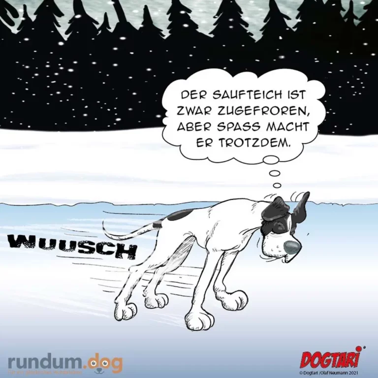 Hund watet durch tiefe Schneewehe, schaut zurück mit Gedankenblase: Der Saufteich ist zwar zugefroren, aber Spass macht er trotzdem.