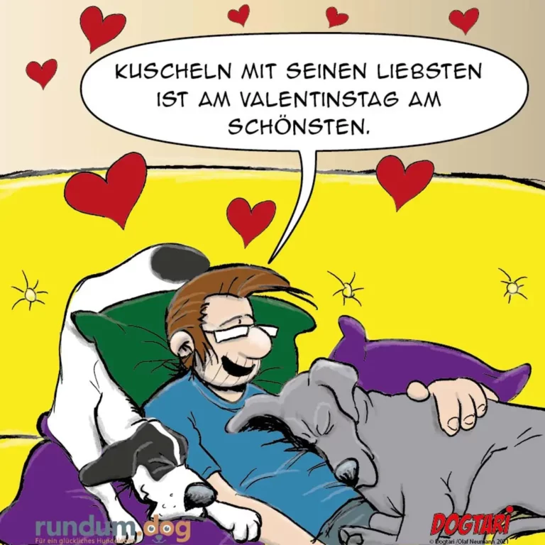 Mann liegt glücklich auf Sofa, kuschelt mit grauem Hund, rote Herzen schweben um sie herum, gelber Hintergrund