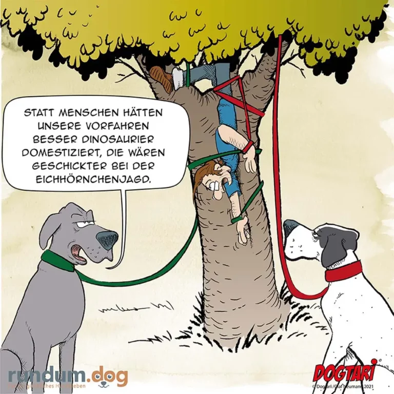 Zwei Hunde an Leinen unter einem Baum, einer spricht zu dem anderen. Ein Mensch hängt kopfüber im Baum.