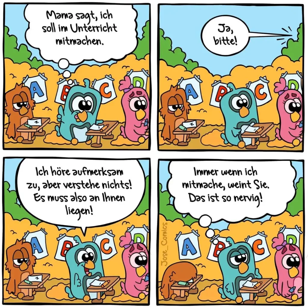 Vier bunte Monster-Charaktere sitzen im Klassenzimmer. Ein brauner Hund spricht zur Mutter, blauer Charakter hebt die Hand, rosa Charakter sitzt daneben. Im letzten Panel weint der blaue Charakter.