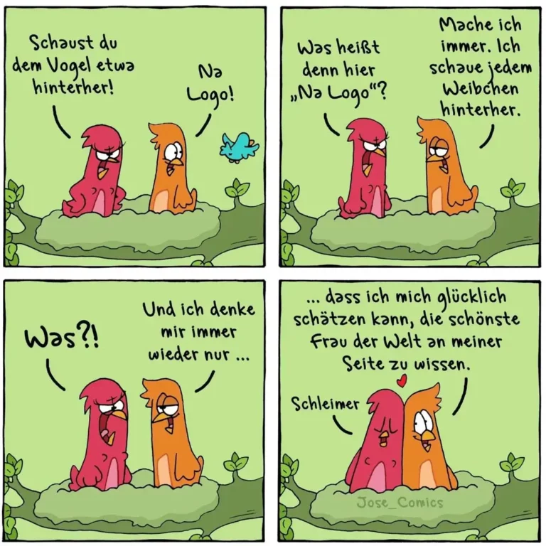 Zwei bunte Vögel sitzen nebeneinander auf grünem Untergrund. Der rote vogel erklärt dem orangenen, warum er immer weibliche Vögel nachschaut. Der orangene Vogel denkt nach, dann sagt der rote, dass er sich glücklich schätzt, die schönste Frau der Welt an seiner Seite zu wissen.