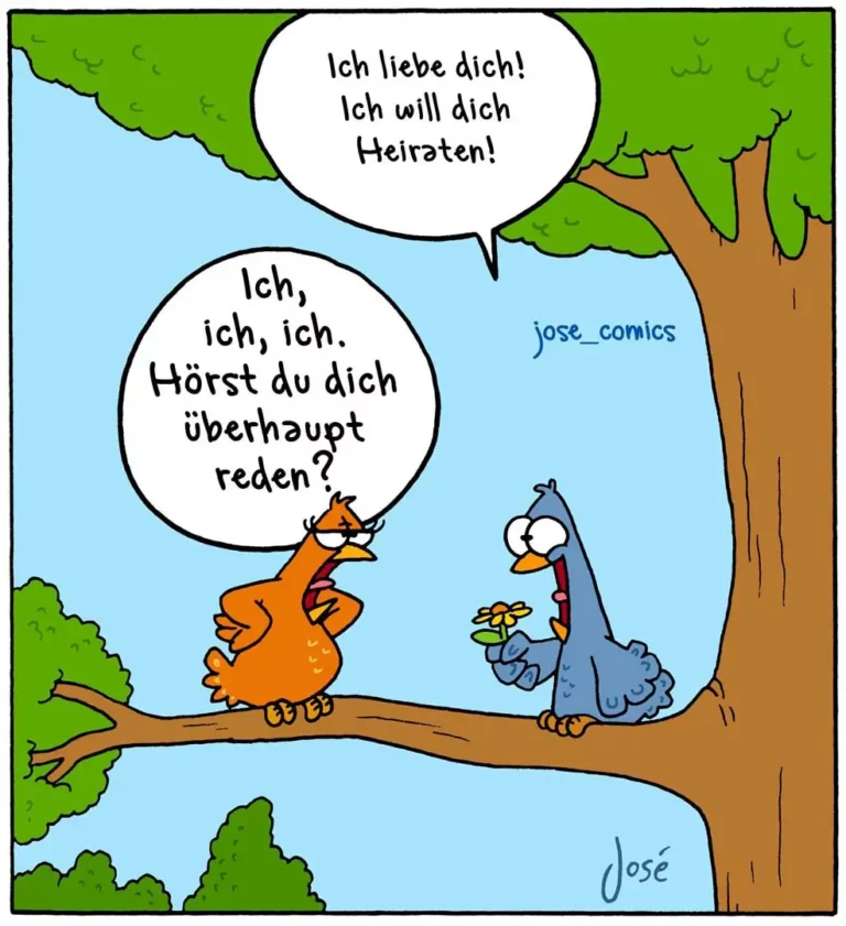 Zwei Vögel auf einem Ast: Orange Vogel erklärt blau-grauer Vogel mit Blume, dass er ihn heiraten will