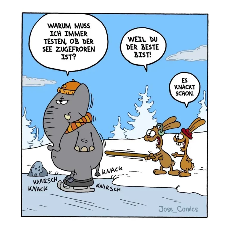 Elefant in Winterkleidung fragt zwei braune Hasen, warum er immer testen muss, ob das Eis zugefroren ist. Die Hasen antworten, er sei der Beste, und das Eis knackt unter ihm.