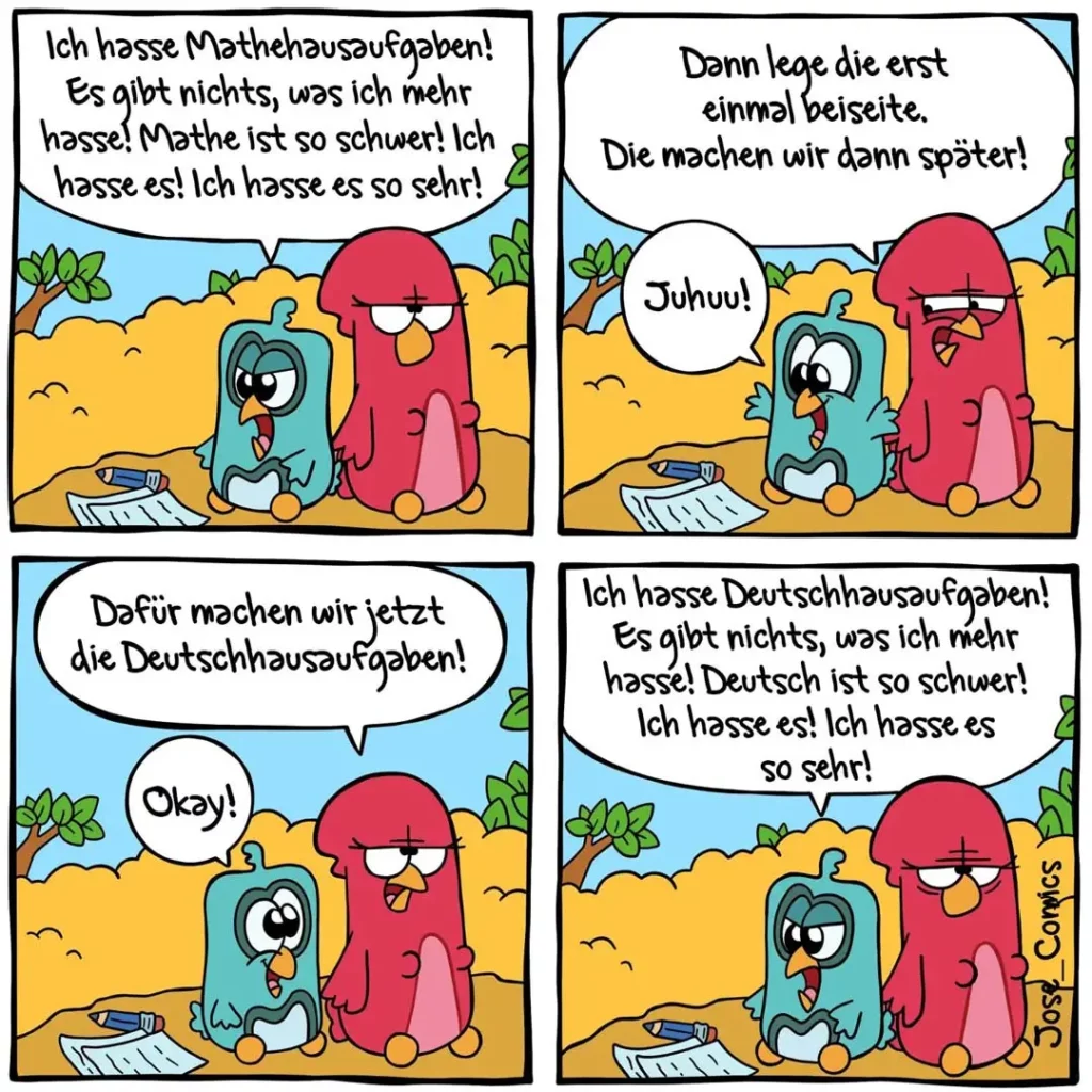 Zwei Vogel-Charaktere: einer blauer Vogel verzweifelt mit Hausaufgabenheft, roter Vogel bietet Hilfe an. Vier Panel zeigen Eskalation vom Mathe- zum Deutschunterricht.