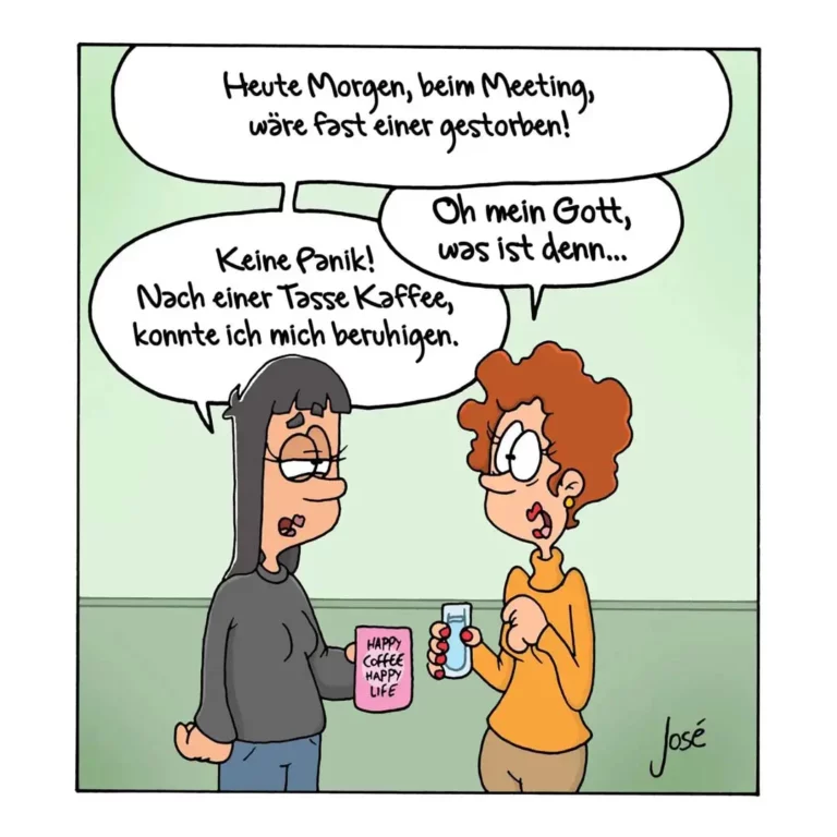 Zwei Frauen im Gespräch: Frau mit schwarzen Haaren hält rosarote Kaffeetasse, Frau mit orangerot lockigem Haar hält Wasserglas