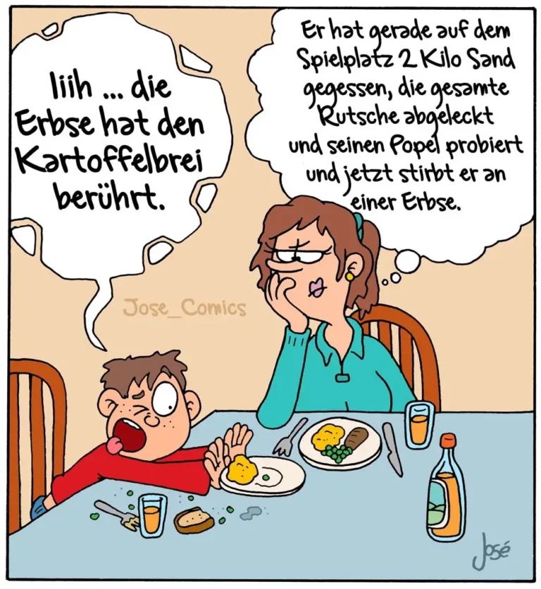 Kind spuckt Kartoffelbrei aus, Mutter erzählt, dass der Hund 2 Kilo Sand vom Spielplatz gegessen hat und nun an einer Erbse erstickt