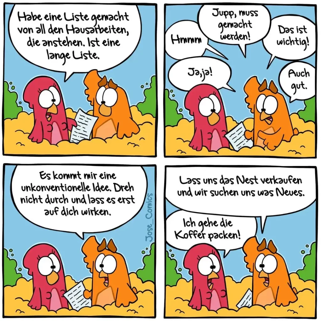 Zwei bunte Hühner sitzen zusammen: Das rote Huhn hält eine Liste und erklärt dem orangenen Huhn seine Pläne für Hausarbeiten.