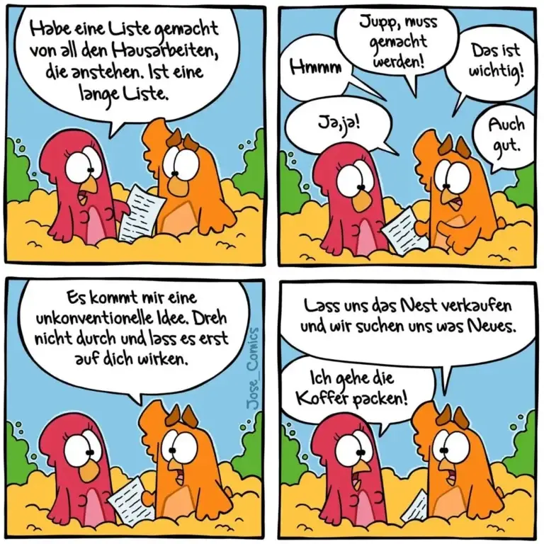 Zwei bunte Hühner sitzen zusammen: Das rote Huhn hält eine Liste und erklärt dem orangenen Huhn seine Pläne für Hausarbeiten.