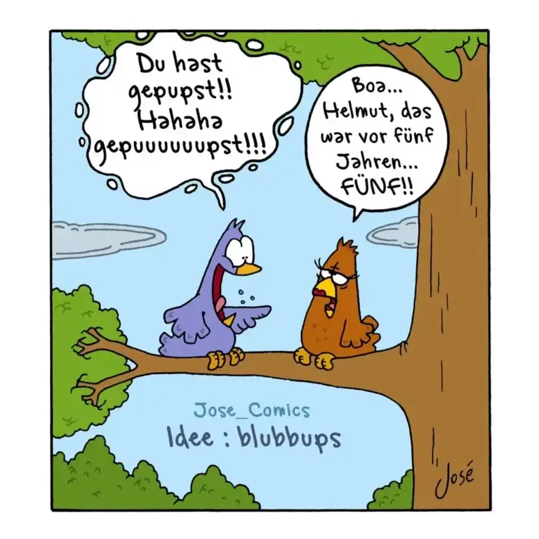 Zwei Vögel sitzen auf einem Ast: ein lila Vogel lacht und ruft «Du hast gepusst!!», ein brauner Vogel antwortet beschämt «Boo... Helmut, das war vor fünf Jahren... FÜNF!!»